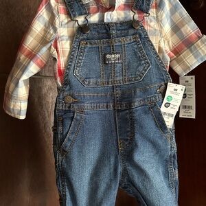 OshKosh B'gosh Blue Denim Overalls for Kids with Plaid Shirt sold together/sep